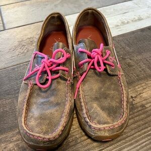 Woman’s Brown Leather Loafers with Pink Accents